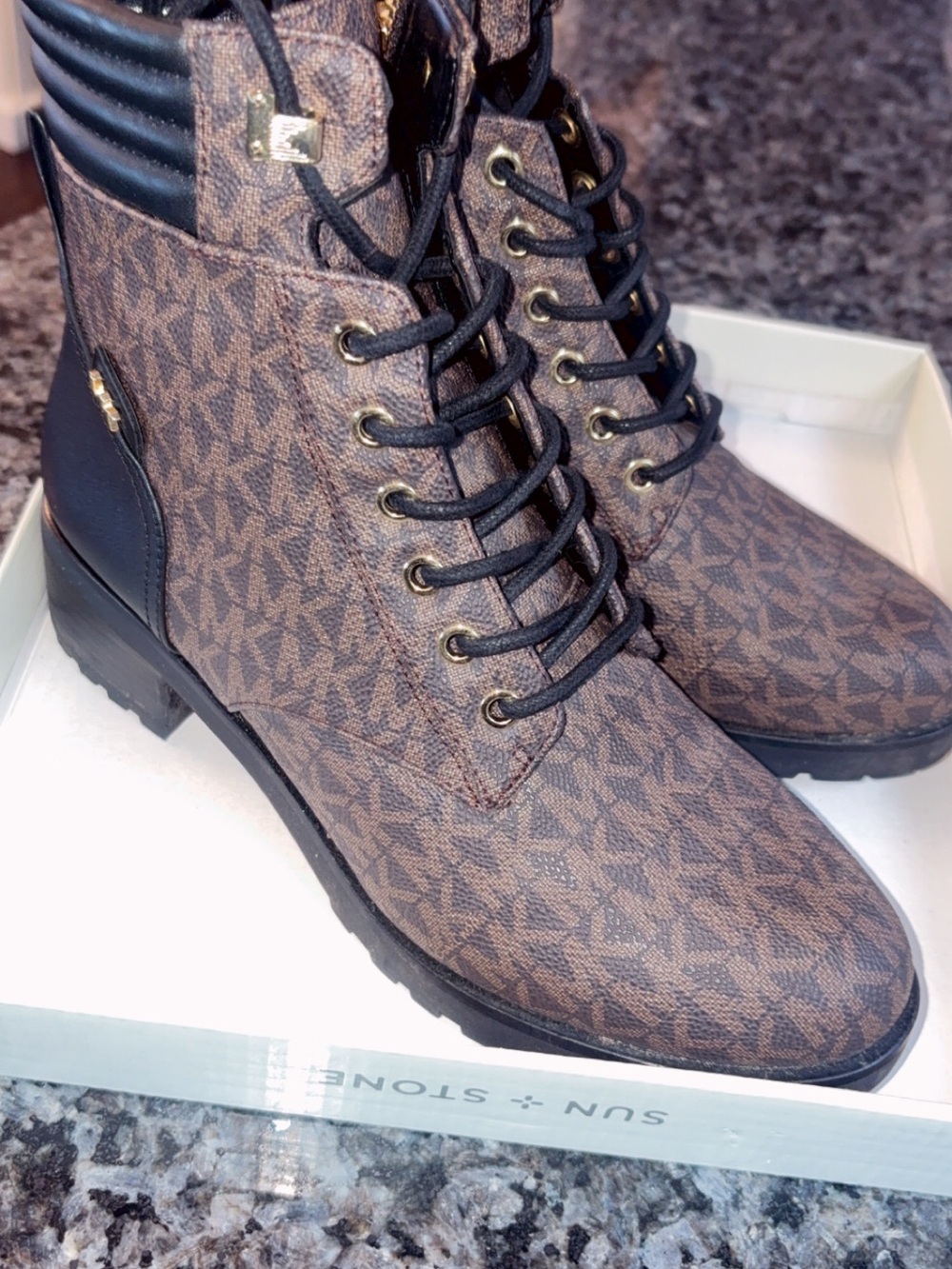 Michael Kors Brown Monogram Lace-Up Ankle Boots